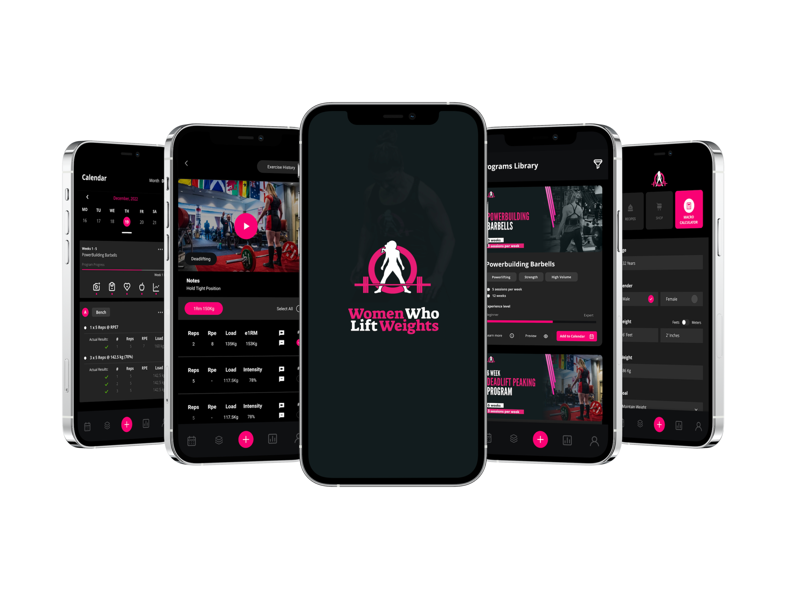 WWLW app screens showing the calendar, exercise videos, program library and tracking tools