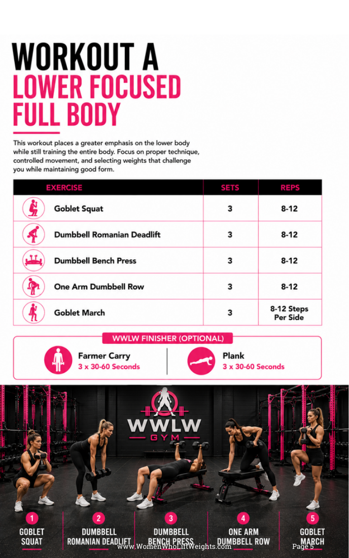 Workout A from the WWLW sample week: goblet squat, dumbbell Romanian deadlift, bench press, one-arm row and goblet march